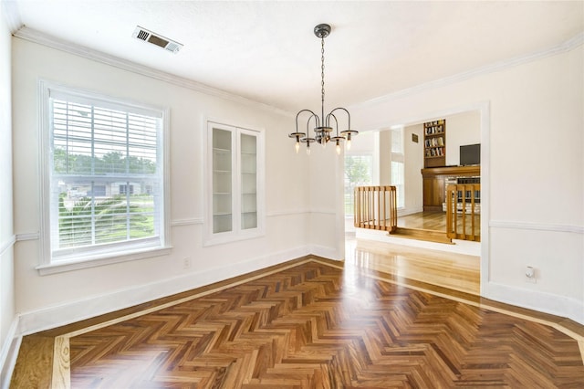 6606 Williams School Ct, Needville, TX 77461 - unfurnished dining area with a chandelier, ornamental molding, and built in features