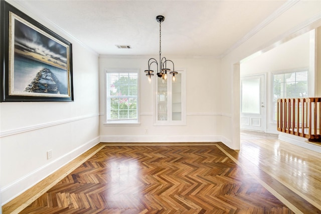 6606 Williams School Ct, Needville, TX 77461 - unfurnished dining area with a chandelier and crown molding