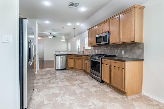 14039 Embry Stone Ln, Houston, TX 77047 - kitchen featuring appliances with stainless steel finishes, a peninsula, decorative backsplash, a ceiling fan, and dark countertops