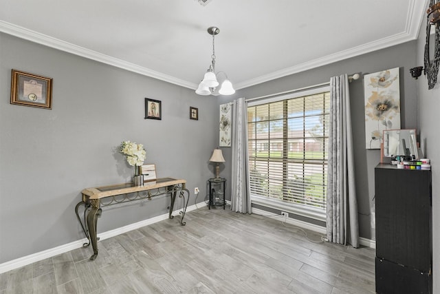 14018 Duncannon Dr, Houston, TX 77015 - office featuring crown molding, a chandelier, and light wood-style floors