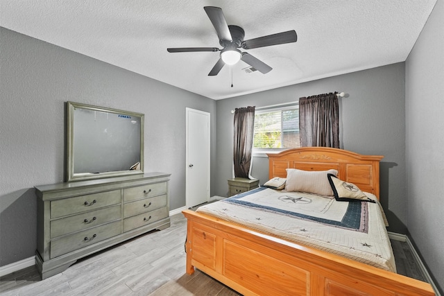 14018 Duncannon Dr, Houston, TX 77015 - bedroom with a textured ceiling, light wood-style floors, and a ceiling fan