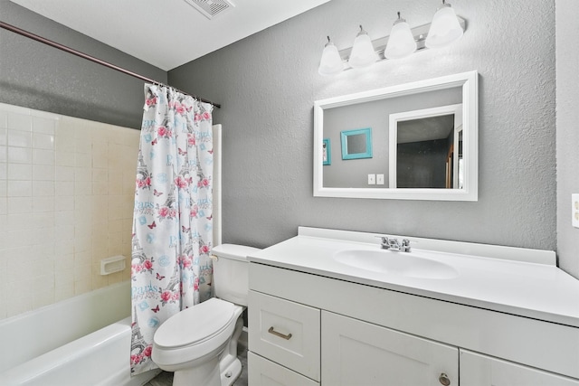 14018 Duncannon Dr, Houston, TX 77015 - full bathroom featuring a textured wall, vanity, and shower / tub combo with curtain