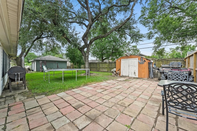 14018 Duncannon Dr, Houston, TX 77015 - fenced backyard featuring a trampoline, a storage shed, a patio area, and area for grilling