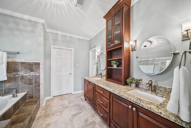 3343 Summerwood Ln, Pearland, TX 77584 - bathroom featuring double vanity, a bath, and crown molding