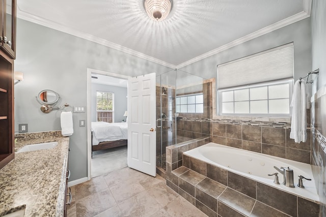 3343 Summerwood Ln, Pearland, TX 77584 - ensuite bathroom featuring a shower stall, a whirlpool tub, vanity, and ornamental molding