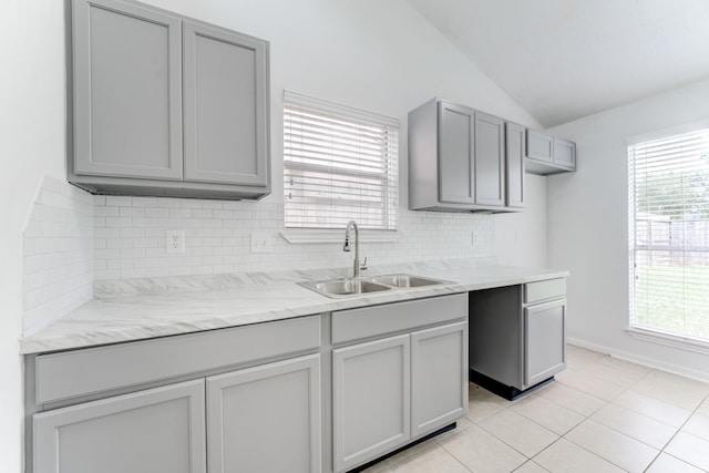 6306 Clayridge Dr, Houston, TX 77053 - kitchen with gray cabinets, vaulted ceiling, tasteful backsplash, and light tile patterned floors
