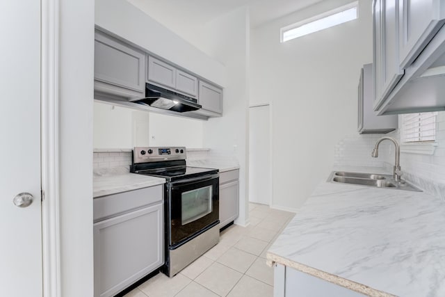 6306 Clayridge Dr, Houston, TX 77053 - kitchen with electric range, gray cabinets, under cabinet range hood, decorative backsplash, and plenty of natural light