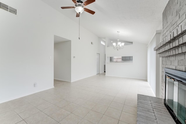 6306 Clayridge Dr, Houston, TX 77053 - unfurnished living room with a chandelier, a fireplace, a ceiling fan, light tile patterned floors, and high vaulted ceiling