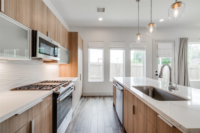 4402 Santorini Ln, Houston, TX 77045 - kitchen with stainless steel appliances, modern cabinets, wood finished floors, light stone countertops, and recessed lighting