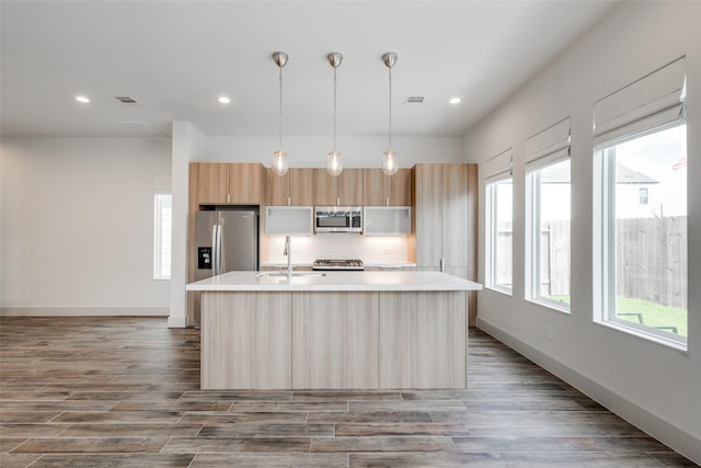 4402 Santorini Ln, Houston, TX 77045 - kitchen featuring appliances with stainless steel finishes, light countertops, an island with sink, backsplash, and wood finished floors