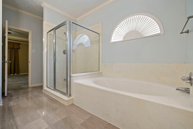 5802 Ashmere Ln, Spring, TX 77379 - full bathroom with a stall shower, a bath, and crown molding