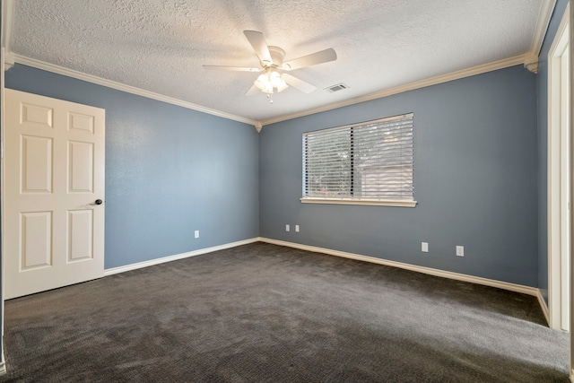 5802 Ashmere Ln, Spring, TX 77379 - empty room featuring ceiling fan, ornamental molding, carpet flooring, and a textured ceiling