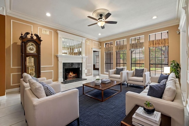 5802 Ashmere Ln, Spring, TX 77379 - living area with ceiling fan, a premium fireplace, ornamental molding, recessed lighting, and light tile patterned floors