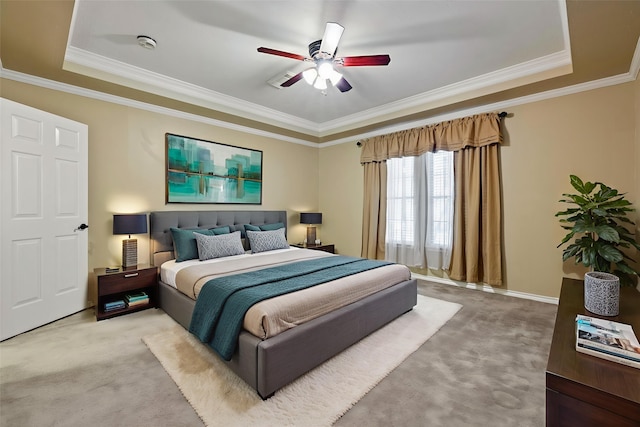 5802 Ashmere Ln, Spring, TX 77379 - bedroom with light colored carpet, a tray ceiling, crown molding, and ceiling fan