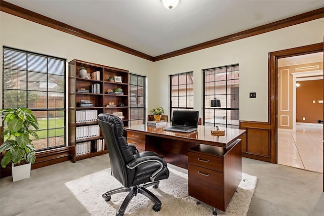 5802 Ashmere Ln, Spring, TX 77379 - office area with ornamental molding, light colored carpet, and a wainscoted wall