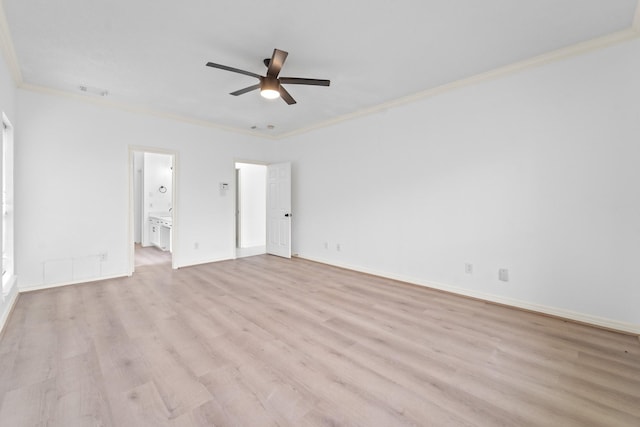 13611 Ortega Ln, Houston, TX 77083 - unfurnished bedroom with ornamental molding, light wood-style floors, ensuite bath, and a ceiling fan