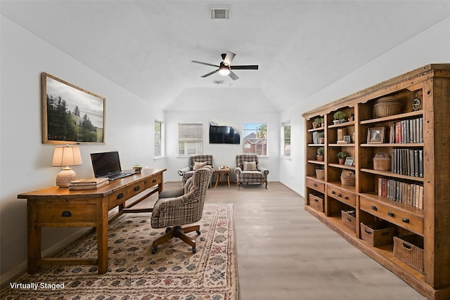13611 Ortega Ln, Houston, TX 77083 - office area with a ceiling fan, wood finished floors, and vaulted ceiling