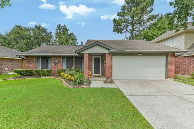 2322 Old Oak Ln, Kingwood, TX 77339 - view of front of property with a garage, concrete driveway, a front lawn, brick siding, and roof with shingles
