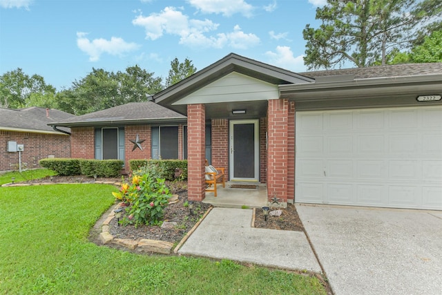 2322 Old Oak Ln, Kingwood, TX 77339 - ranch-style home featuring an attached garage, brick siding, a front lawn, driveway, and a shingled roof