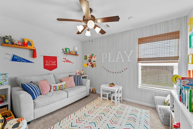 22402 Threefold Ridge Dr, Hockley, TX 77447 - carpeted living room with ceiling fan and baseboards