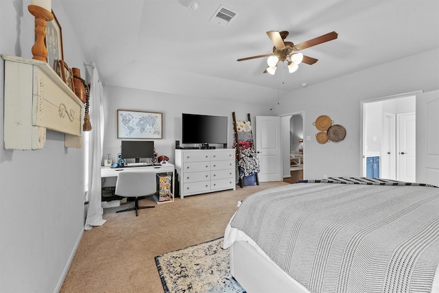 22402 Threefold Ridge Dr, Hockley, TX 77447 - bedroom featuring light carpet, arched walkways, a ceiling fan, and a desk