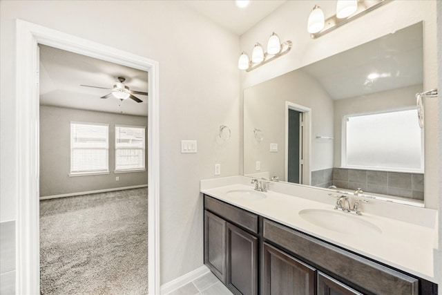 7222 Melrose Ln, Rosharon, TX 77583 - bathroom featuring double vanity and a ceiling fan