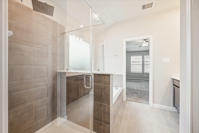 7222 Melrose Ln, Rosharon, TX 77583 - bathroom featuring vanity, a stall shower, a bath, ceiling fan, and tile patterned floors
