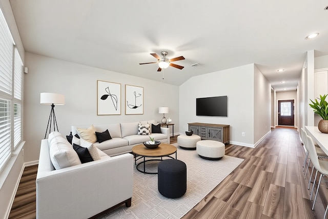 7222 Melrose Ln, Rosharon, TX 77583 - living area featuring ceiling fan, wood finished floors, and recessed lighting