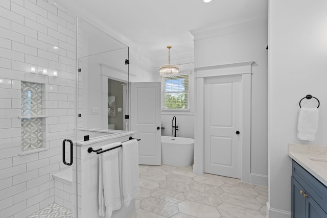 1603 Columbia St, Houston, TX 77008 - full bathroom featuring vanity, a shower stall, a freestanding bath, ornamental molding, and a chandelier