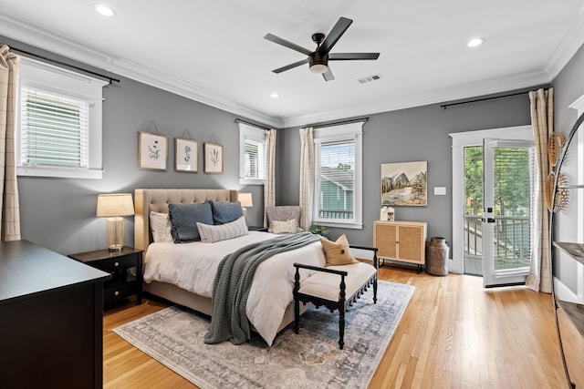 1603 Columbia St, Houston, TX 77008 - bedroom featuring crown molding, access to exterior, light wood finished floors, recessed lighting, and ceiling fan