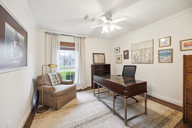 7730 Skyline Dr, Houston, TX 77063 - office featuring crown molding, wood finished floors, and a ceiling fan