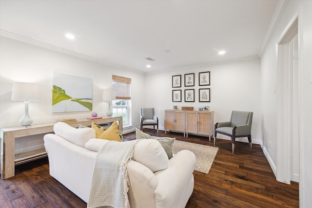 7730 Skyline Dr, Houston, TX 77063 - living area featuring ornamental molding, dark wood finished floors, and recessed lighting