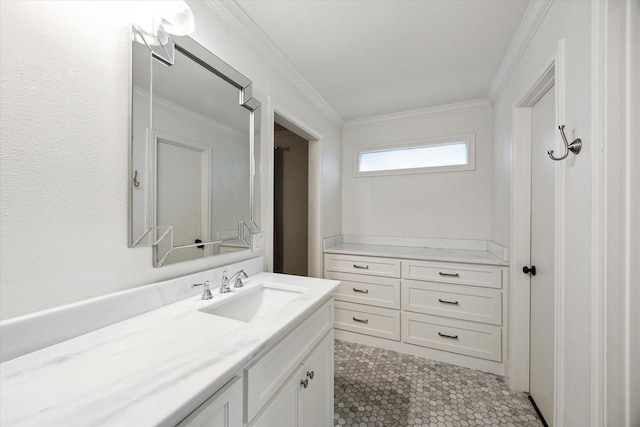 7730 Skyline Dr, Houston, TX 77063 - bathroom featuring vanity, ornamental molding, and tile patterned flooring
