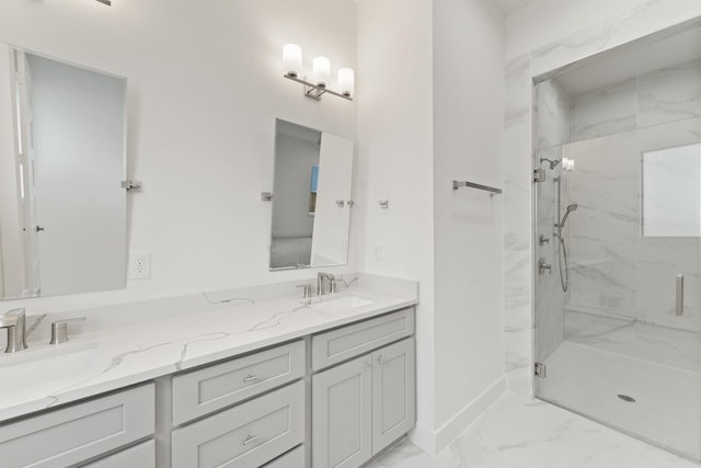 10406 Grove Row Ave, Richmond, TX 77407 - bathroom featuring marble finish flooring, a marble finish shower, and double vanity