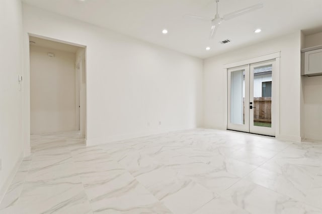 10406 Grove Row Ave, Richmond, TX 77407 - empty room with recessed lighting, light marble finish floors, ceiling fan, and french doors