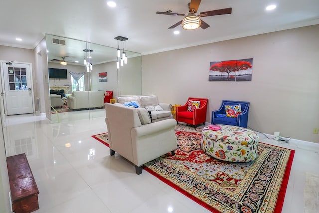 7264 Regency Square Ct, Houston, TX 77036 - living area with a ceiling fan, crown molding, and recessed lighting