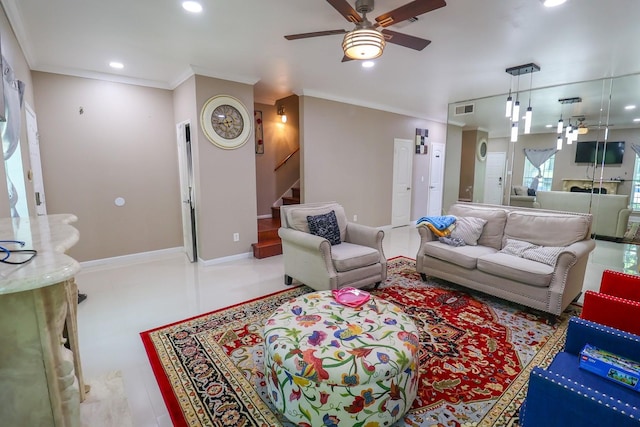 7264 Regency Square Ct, Houston, TX 77036 - living room with a ceiling fan, stairs, recessed lighting, and crown molding