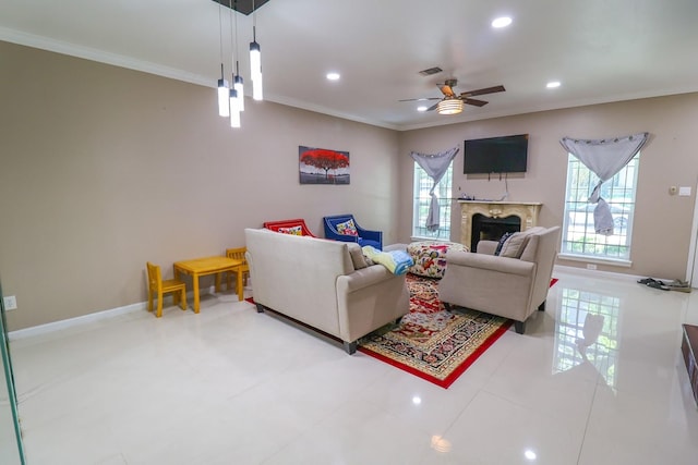 7264 Regency Square Ct, Houston, TX 77036 - living room featuring ornamental molding, recessed lighting, a premium fireplace, and a ceiling fan