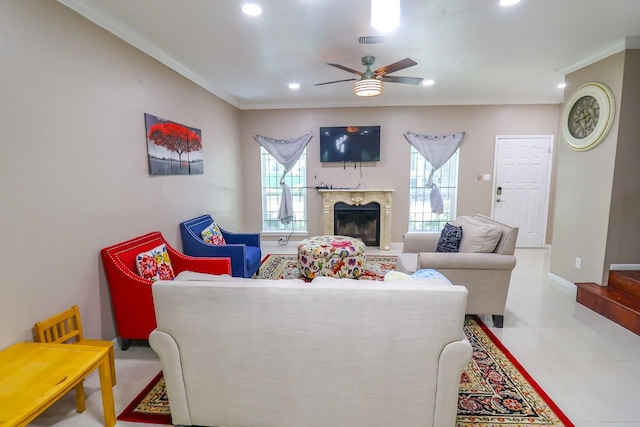 7264 Regency Square Ct, Houston, TX 77036 - tiled living area with ornamental molding, a ceiling fan, recessed lighting, and a high end fireplace