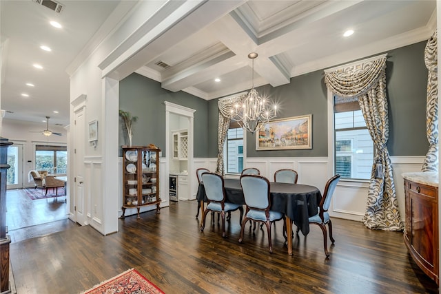 326 W 24th St, Houston, TX 77008 - dining space with a decorative wall, beamed ceiling, ceiling fan, ornamental molding, and a chandelier