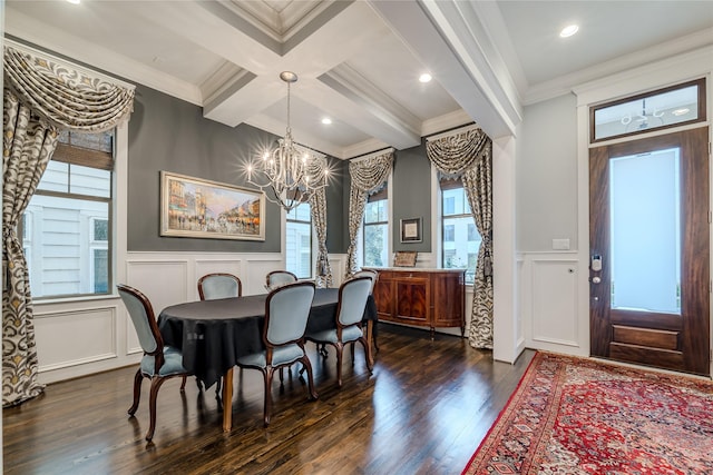 326 W 24th St, Houston, TX 77008 - dining space featuring a decorative wall, crown molding, a chandelier, beamed ceiling, and dark wood-style floors