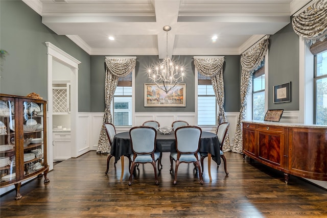 326 W 24th St, Houston, TX 77008 - dining area with a chandelier, a decorative wall, coffered ceiling, crown molding, and healthy amount of natural light