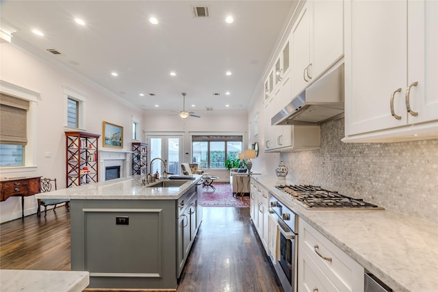 326 W 24th St, Houston, TX 77008 - kitchen featuring under cabinet range hood, stainless steel appliances, a glass covered fireplace, dark wood finished floors, and open floor plan