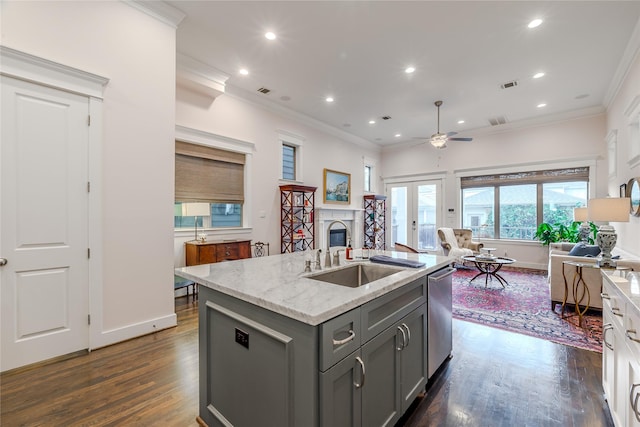 326 W 24th St, Houston, TX 77008 - kitchen with gray cabinets, open floor plan, crown molding, recessed lighting, and dark wood-type flooring