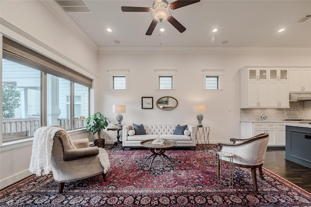 326 W 24th St, Houston, TX 77008 - living room with ornamental molding, dark wood-style floors, ceiling fan, and recessed lighting