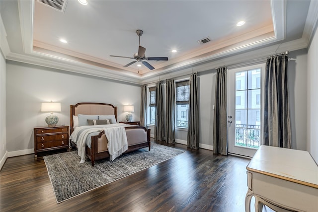 326 W 24th St, Houston, TX 77008 - bedroom with a raised ceiling, ornamental molding, dark wood finished floors, access to exterior, and recessed lighting