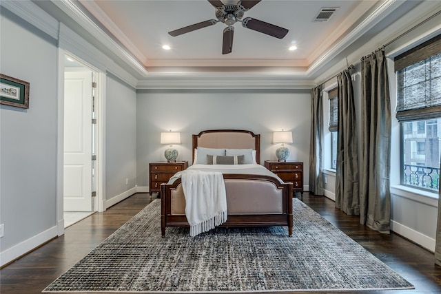 326 W 24th St, Houston, TX 77008 - bedroom with a tray ceiling, ornamental molding, wood finished floors, and a ceiling fan