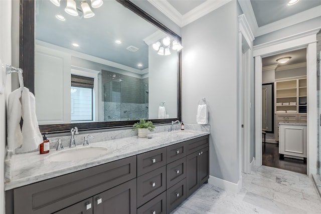 326 W 24th St, Houston, TX 77008 - full bathroom featuring a shower stall, double vanity, a chandelier, ornamental molding, and recessed lighting