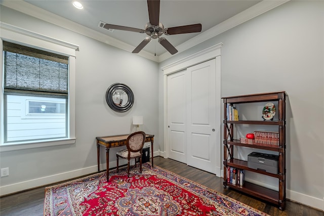 326 W 24th St, Houston, TX 77008 - office area with ceiling fan, crown molding, wood finished floors, and recessed lighting