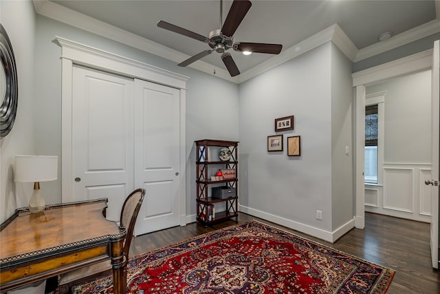 326 W 24th St, Houston, TX 77008 - home office with ceiling fan, dark wood-style flooring, and ornamental molding